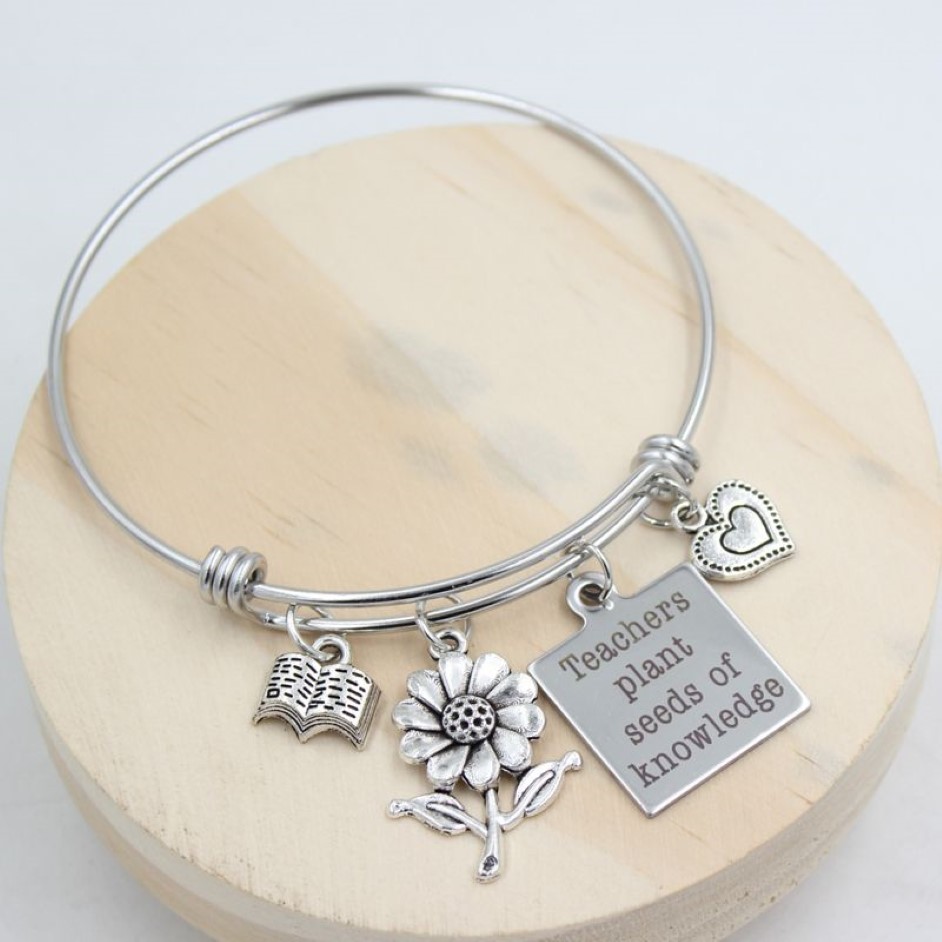 Whole New Arrival Stainless Steel Wire Bangle Bracelet heart flower book teachers Charm Bracelets for teachers gifts273j