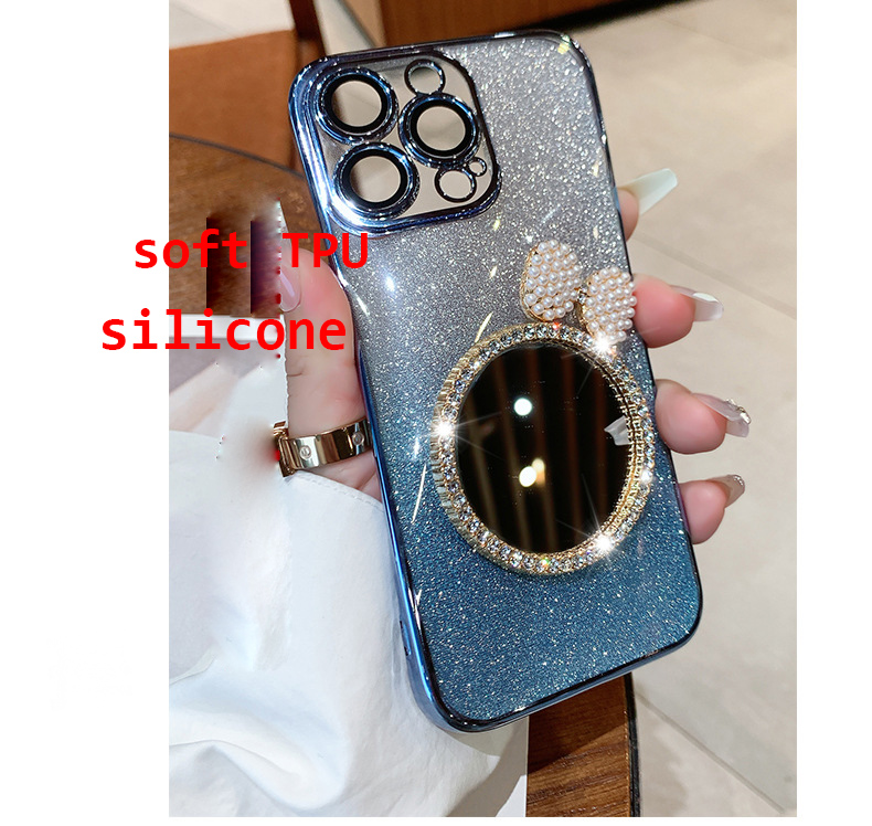 Custodia a specchio di lusso con glitter bling iPhone 15 14 13 12 11 Pro Max con cover telefono con braccialetto a catena di perle