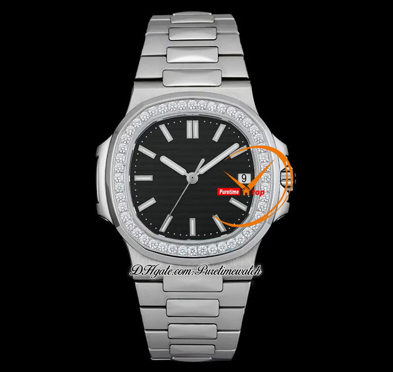 5711/1A CAL A324SC Automatic Mens Watch MPF Diamonds Bezel Black Texture Dial Stick Markers Stainless steel bracelet Super Edition Reloj Hombre Puretimewatch PTPP