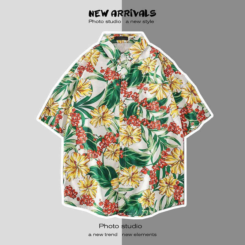 Short sleeved shirt mens summer Korean version trend loose Hawaiian ruffian handsome seaside flower shirt trend