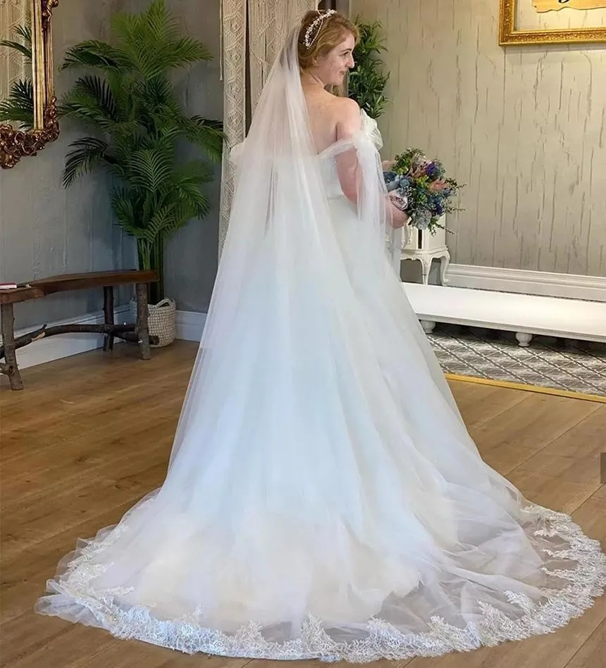 2024 I più nuovi abiti da sposa al largo della spalla Una linea Sweep Train Perline Paillettes Tulle Sweep Train Abito da sposa su misura Vestido de novia YD