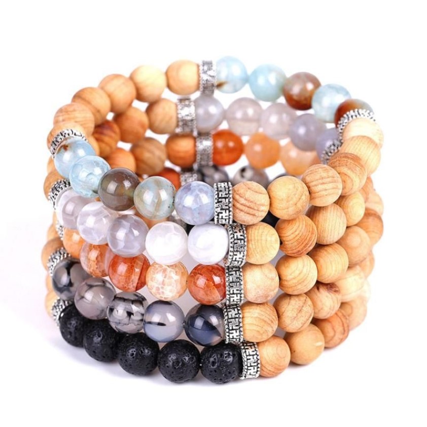 Bracelet en pierre naturelle craquelée avec perle de bois et diffuseur d'huile de roche de lave Style rétro Bracelets extensibles pour femmes brins de perles 223u