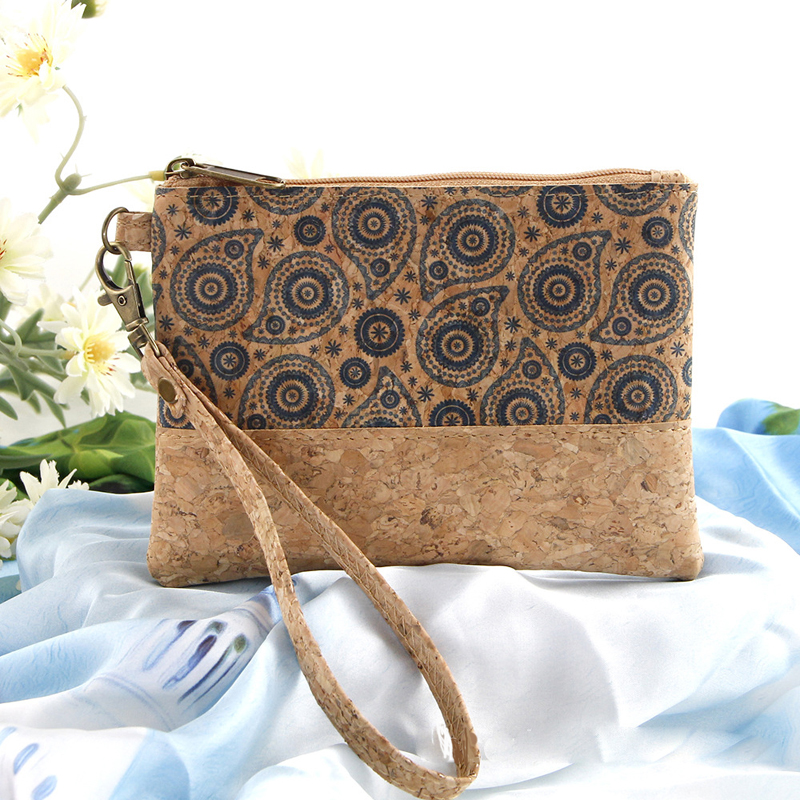 Coin Purses Cork Leather Leaf Flower Geometry Printing Short Wallet With Wrist Mix Color