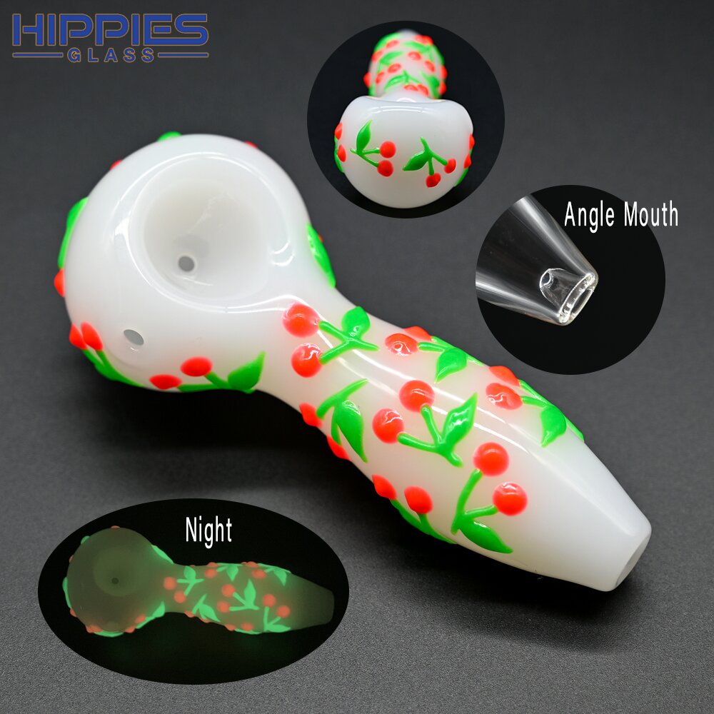 4in,Colorful Hand Drawn Glass Pipe,Cartoon Cherry Pattern With Glow In Dark,White Jade Pipe,Borosilicate Glass Bongs,Glass Hookah,Smoking Accessaries