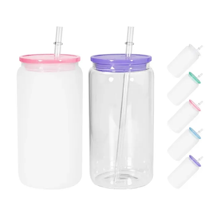 Lege sublimatie 16oz glazen blik met PP-deksels Tumbler-vormige fles met deksel en rietje Zomerdrinkgerei Mason Jar Sapbeker Z11