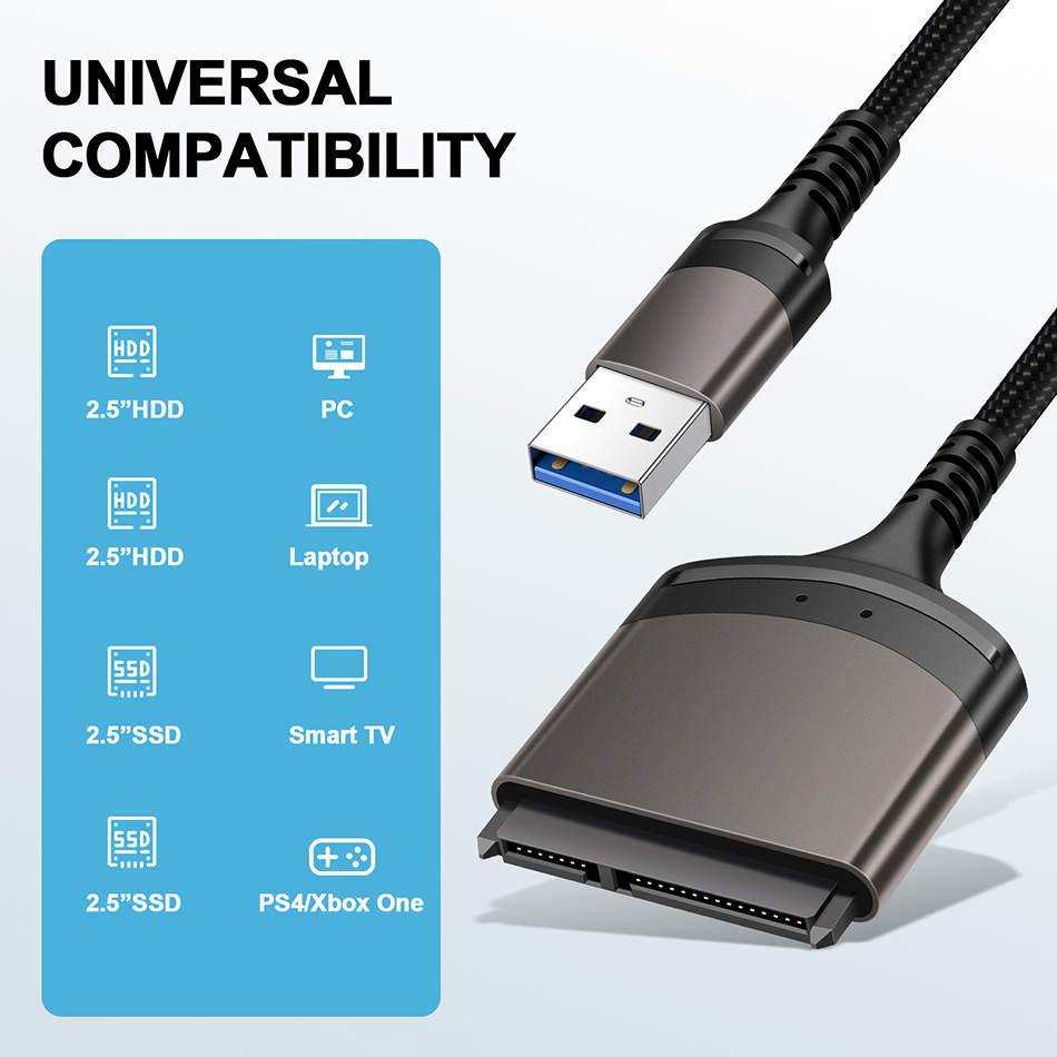 USB 3.0 Type C To SATA Cable Connectors Up to 6 Gbps for 2.5 Inch External HDD SSD Hard Drive SATA 7+15/22 Pin SATA Cables 23CM