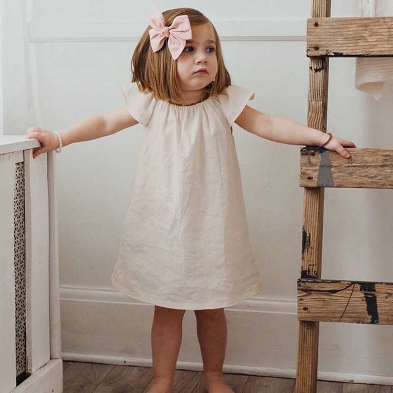 Girl's Dresses Girls summer dresses new linen bamboo fiber mix uniform color cute little flying sleeve princess dresses children clothes 240315