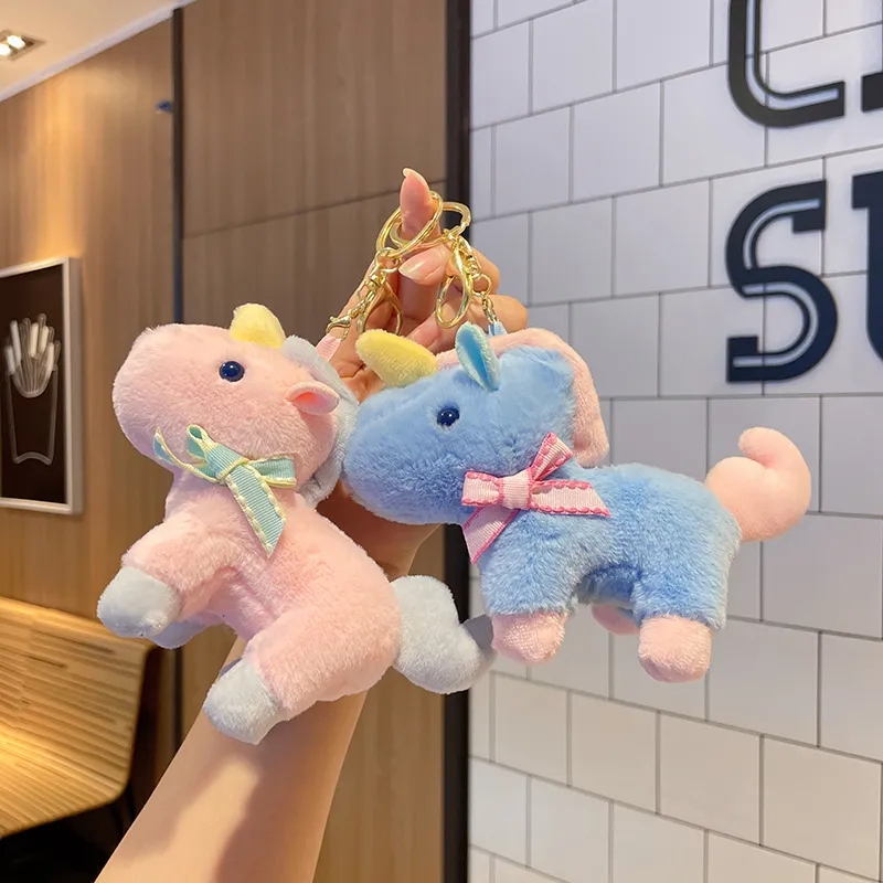 Colorful Animal Stuffed Plush Doll Key Ring Bag Pendant Grab Machine Wholesale Plush Bow Horse Keychain 2024