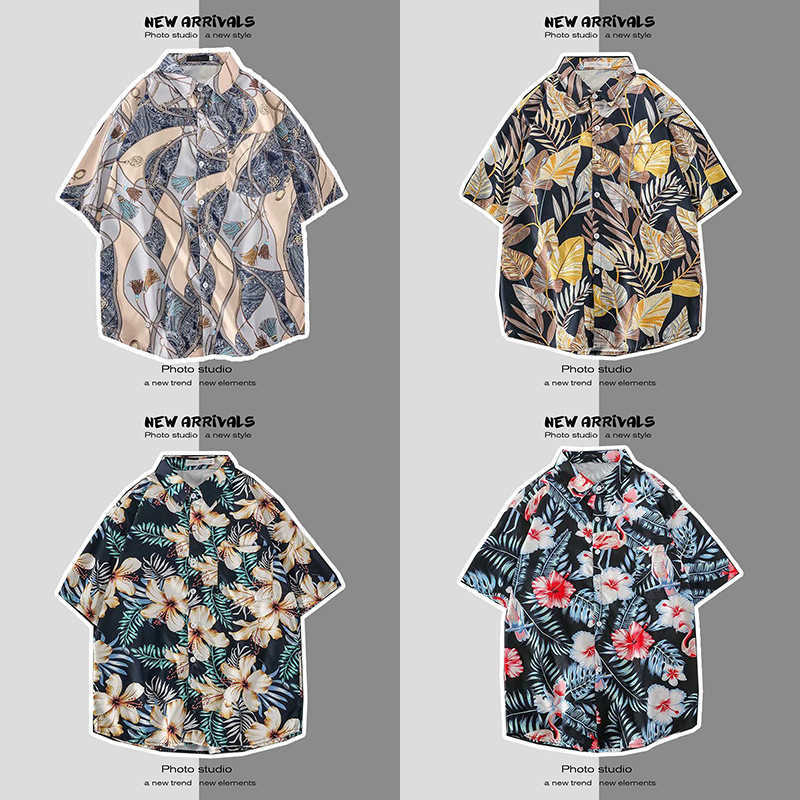 Short sleeved shirt mens summer Korean version trend loose Hawaiian ruffian handsome seaside flower shirt trend