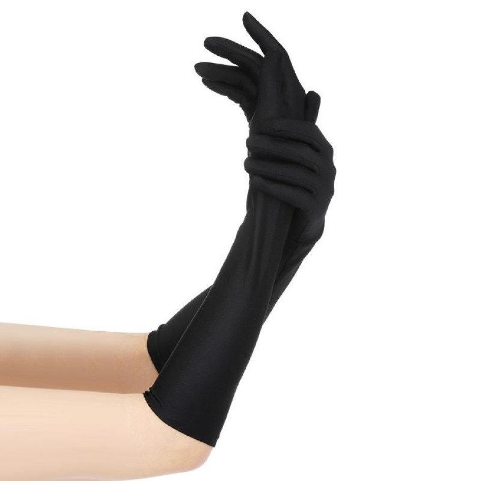 Fem fingrar handskar kvinnor sexig fest lång svart vit satin finger mantens mode damer prom dekorera guantes largos para mujer239m