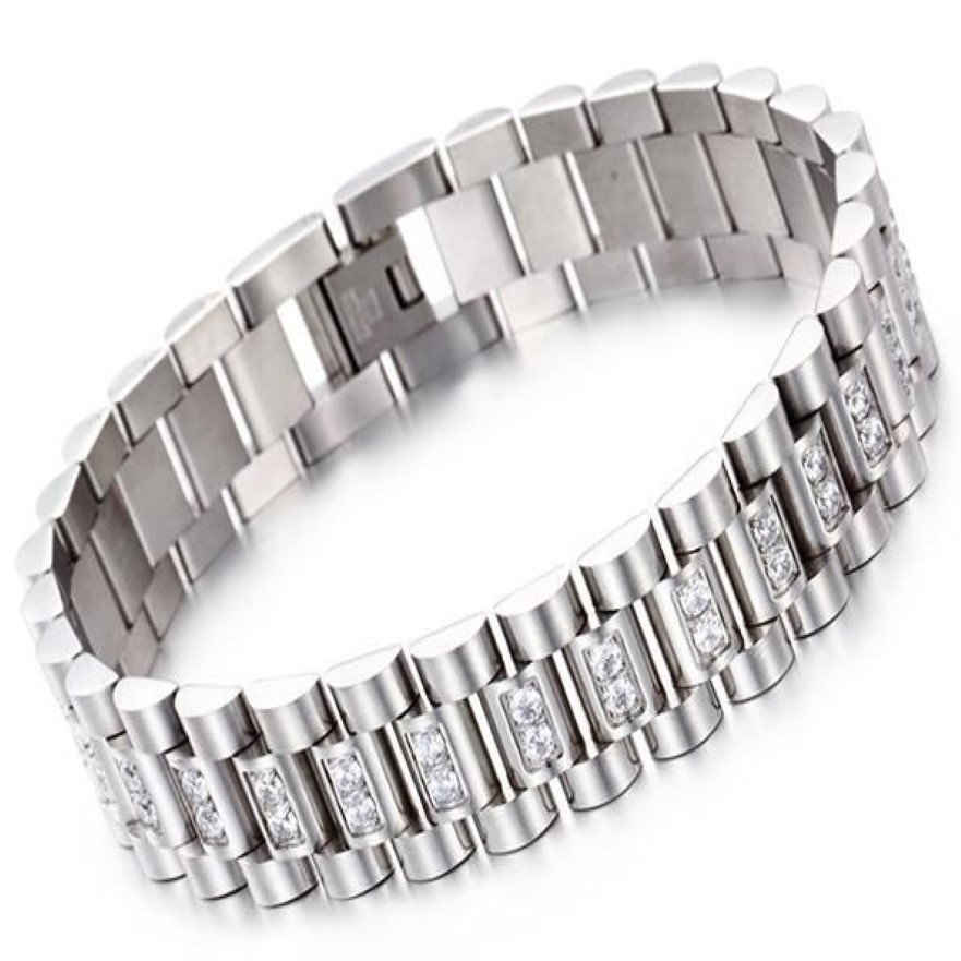 Relógio banda estilo 15mm largura 316l aço inoxidável luxo masculino pulseira link com configuração de pino cz stones237q