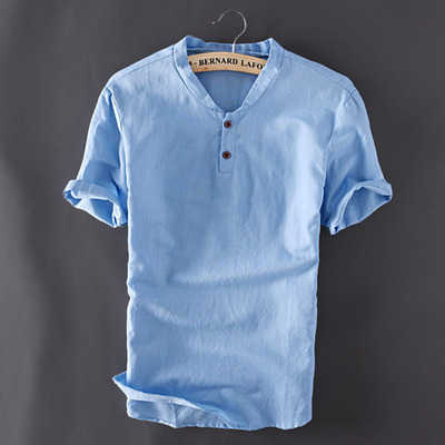 Linen t-shirt mens short sleeve suit solid color large cotton linen casual shirt