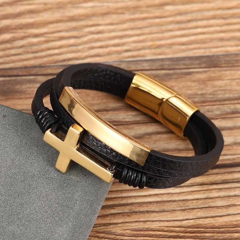 Punk Bangles Bangles Nero Croce Black Acciaio inossidabile inossidabile Bracciale in pelle fatta a mano Cinceri Golden Mens Letter Jewelry1305S