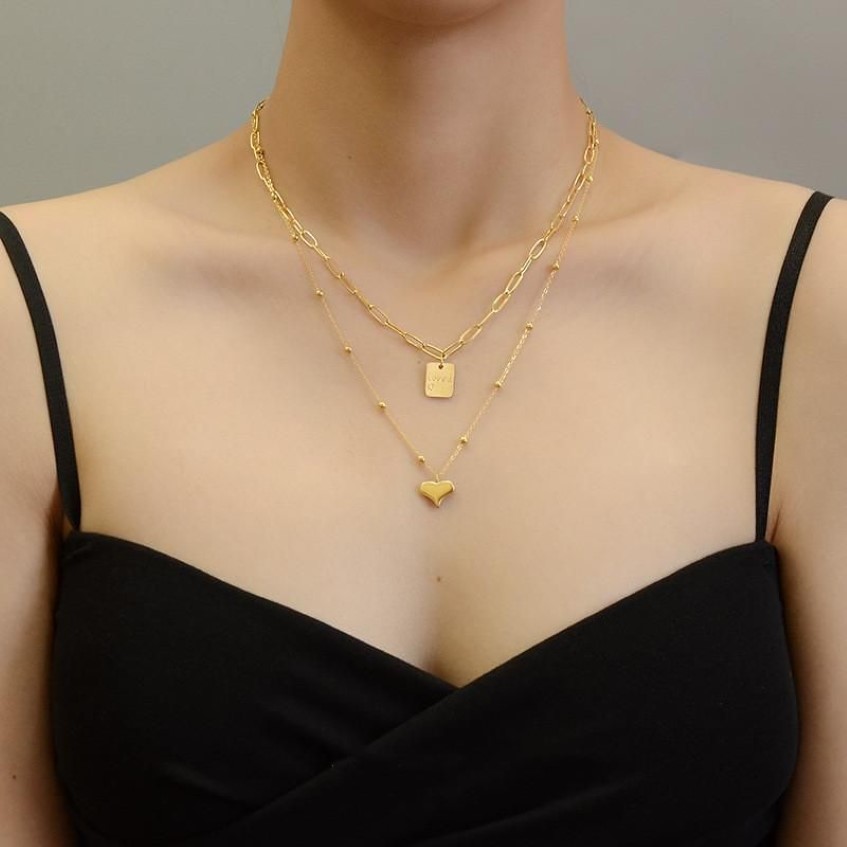 Colares de pingente elegante banhado a ouro de aço inoxidável amor coração multi-camadas para mulheres jóias colar quadrado grânulo pescoço chains250e