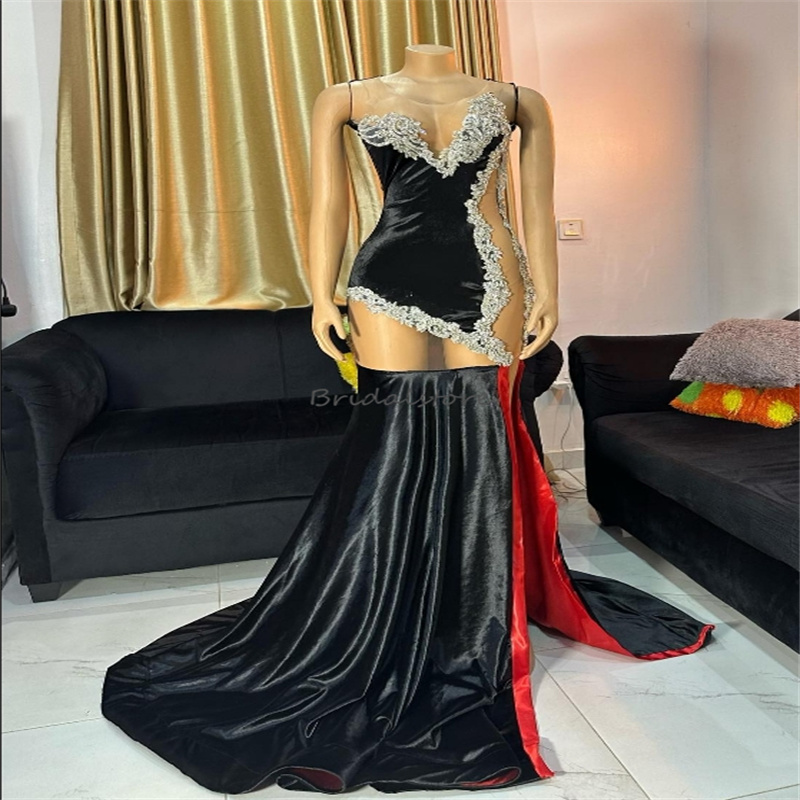 Сексуальные черные платья для выпускного вечера для девочек с разрезом и прозрачными атласными аппликациями Вечерние платья Южноафриканская русалка Вечерние платья на день рождения 2024 Holiday Vestios De Fiesta