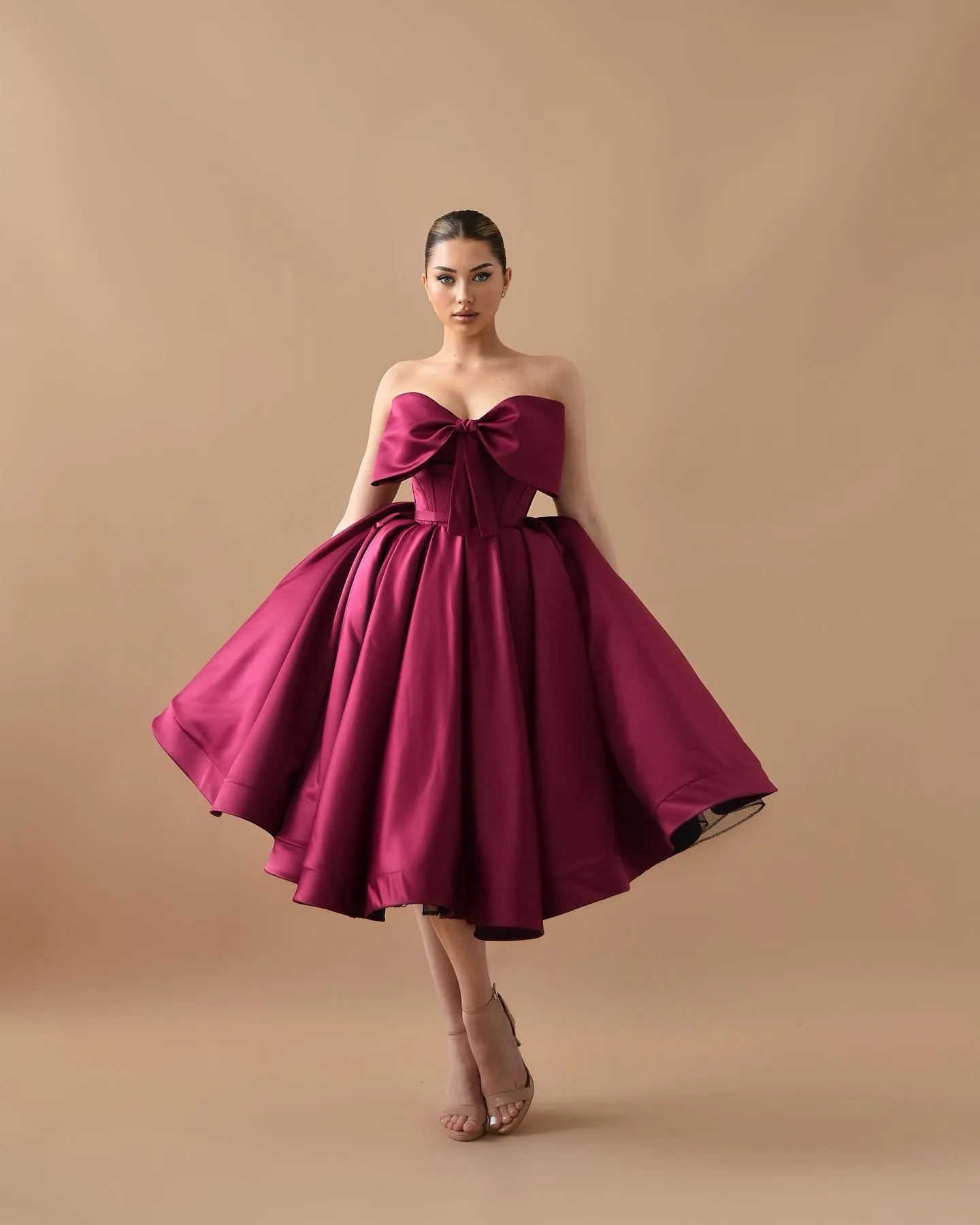 Fashion Burgundy Prom Dresses Bow Knot Neck Evening Gowns Ruffles Tea Length Formal Red Carpet Special Occasion Party dress YD