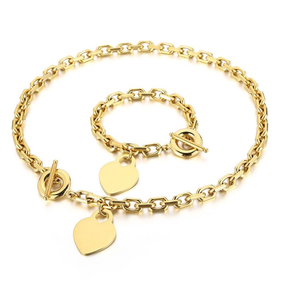 Vintage O T chaîne coeur collier ensemble de bijoux émail charmes pendentif inoxydable femmes hommes soleil or grosse chaîne collier et bracelet330r