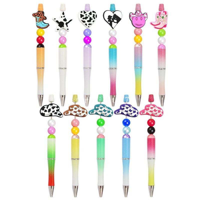 Breloques de vache d'enfance pour fille uniquement, breloques en PVC, stylos à perles en plastique décoratifs pour bricolage, perles rondes vierges, motifs perlés, ajoutez une entretoise blanche scintillante avec recharge d'encre, stylo à bille