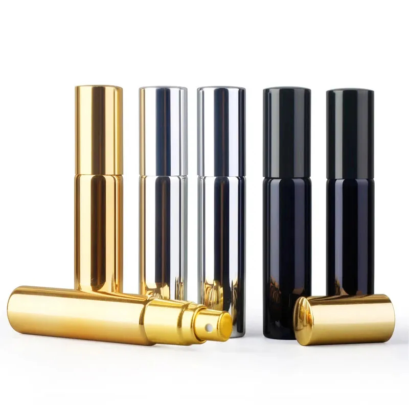 50 sztuk 10 ml UV Atomizer przenośny perfum butelek butelek sprayowy próbka puste pojemniki złoto srebrne czarne kolor