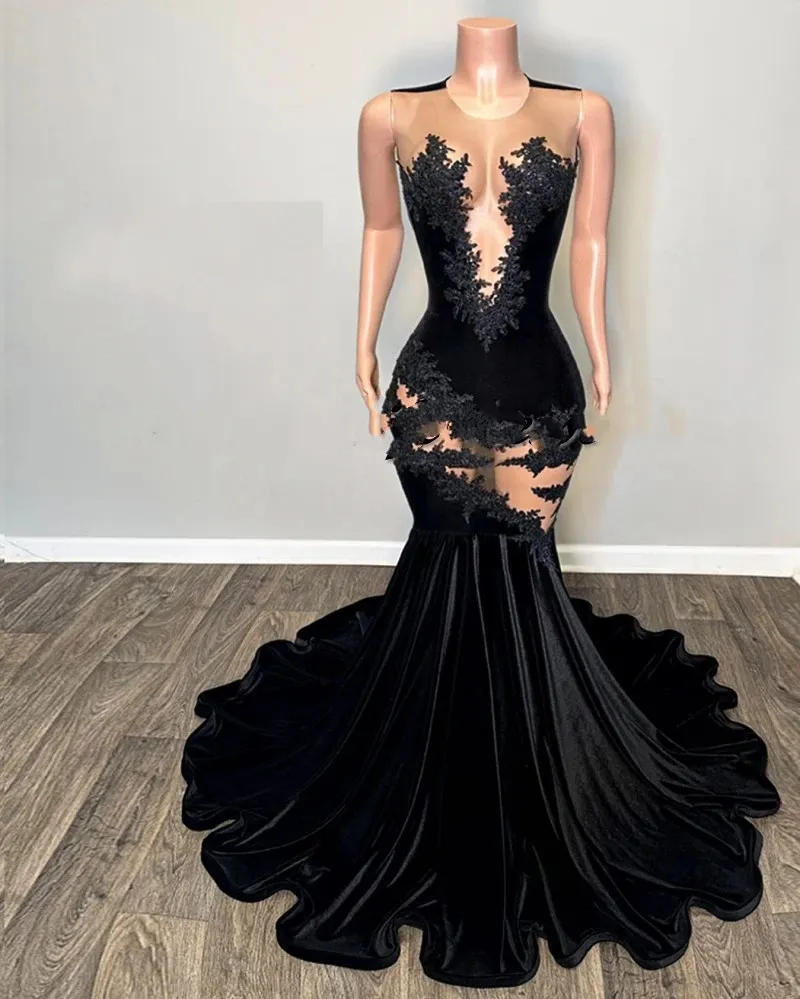 Sexy Black Mermaid Prom Dresses 2024 Lace Velvet African Women Party Gowns Sequin Vestidos De Ocasion Formales