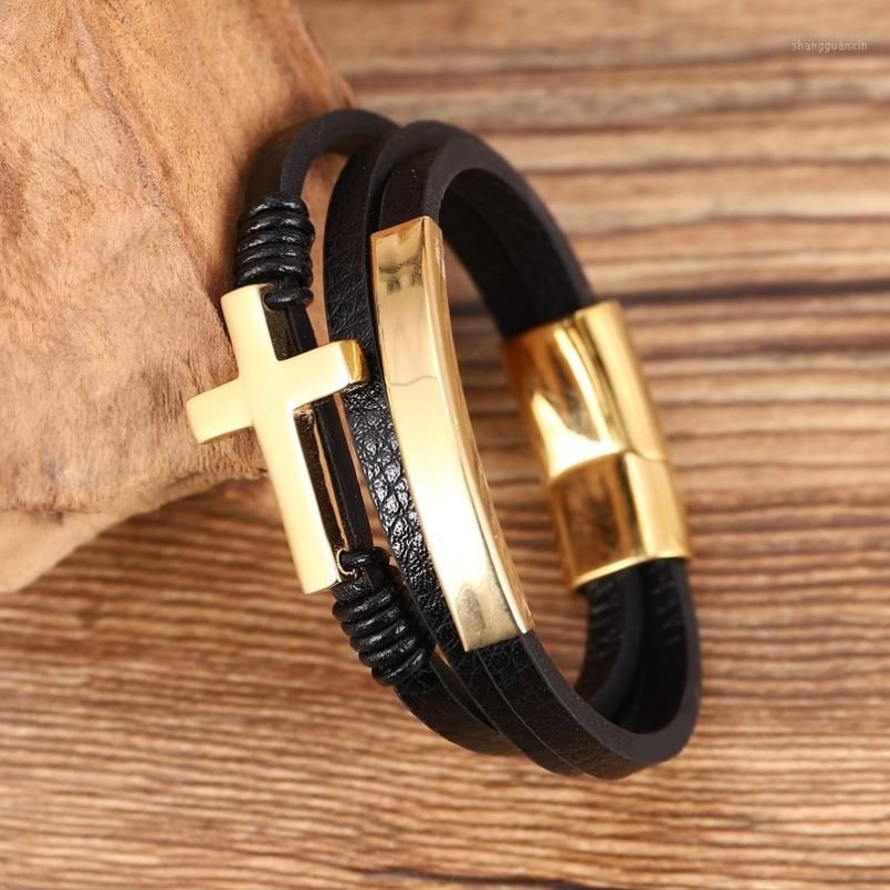 Punk Bangles Bangles Nero Croce Black Acciaio inossidabile inossidabile Bracciale in pelle fatta a mano Cinceri Golden Mens Letter Jewelry1305S