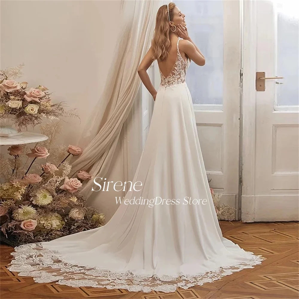 Sexy Lace Applique Spaghetti Straps Satin Wedding Dress V-Neck A-Line Long Train Back Illusion Bride Gowns Robe De Marie YD