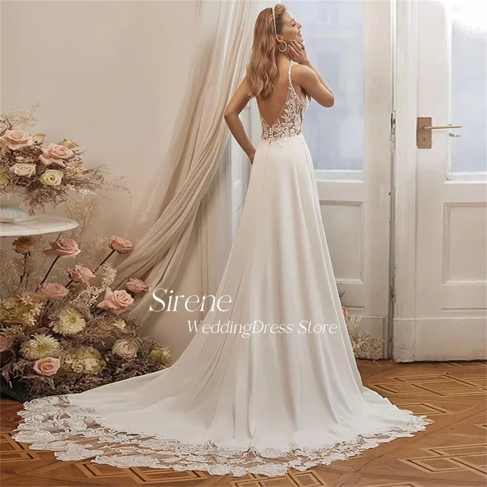 Abito da sposa in raso con applicazioni di pizzo sexy senza spalline Scollo a V A-Line Treno lungo Indietro Illusion Abiti da sposa Robe De Marie YD