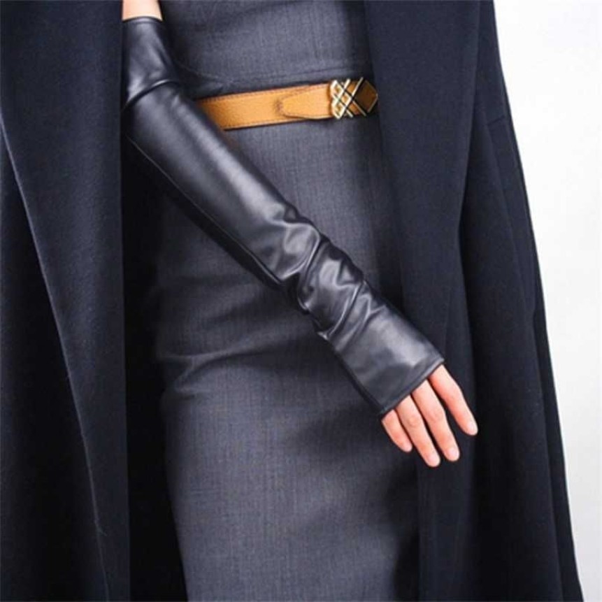 Women's Thin Long Fingerless Pu Leather Driving Gloves Winter Warm Half Finger Arm Sleeve Nightclub Show Touch Screen Mitten 247a