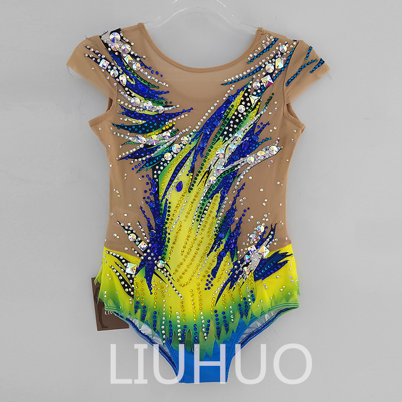 Liuhuo Customize Colors Rhythmic Gymnastics Leotards 여자 여자 경쟁 예술 체조 공연 착용 크리스탈 옐로우 BD1040