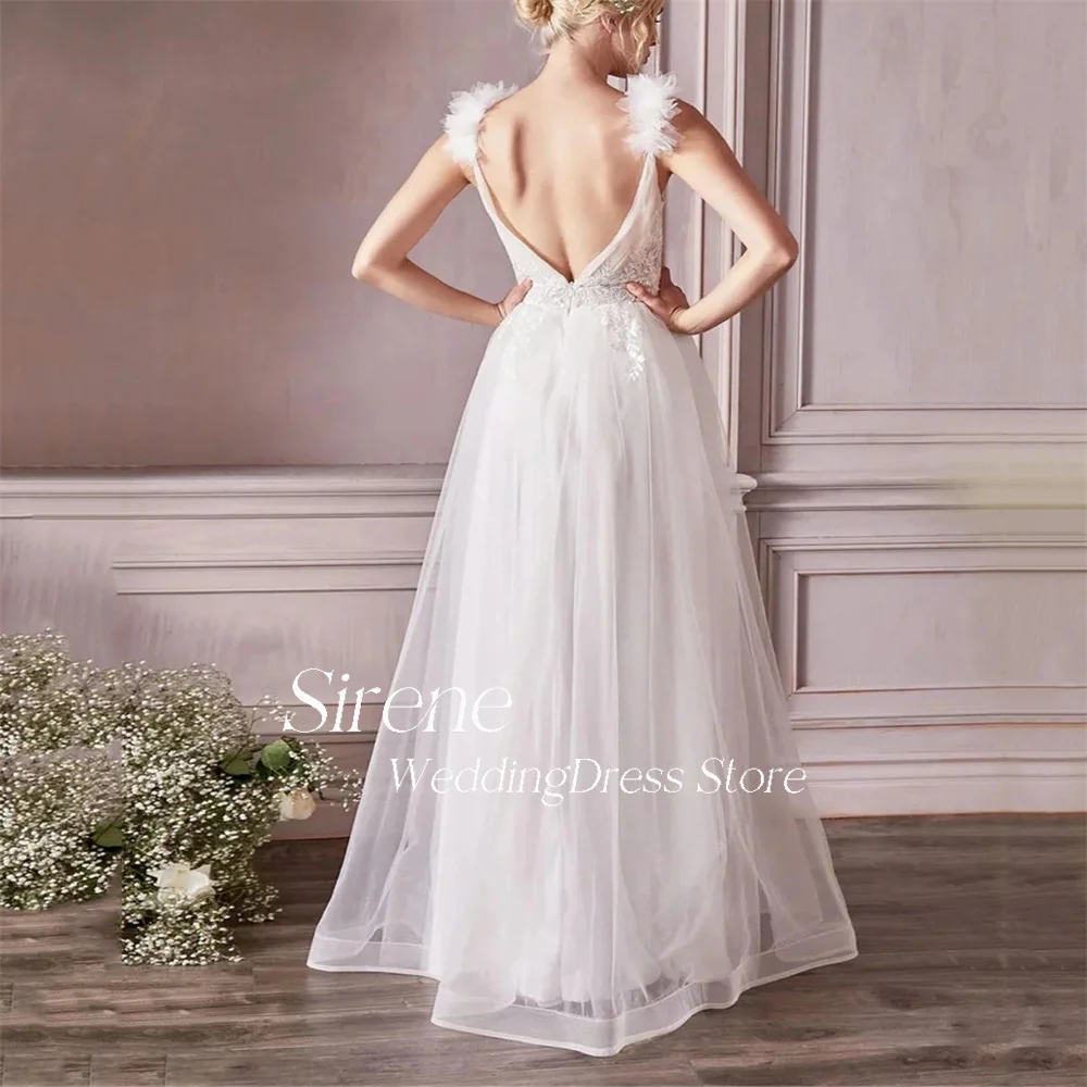 Sexy Lace Applique 3D Flowers Organza Wedding Dress A-line Deep V-neck Spaghetti Straps Floor Length Backless Bride Robes YD