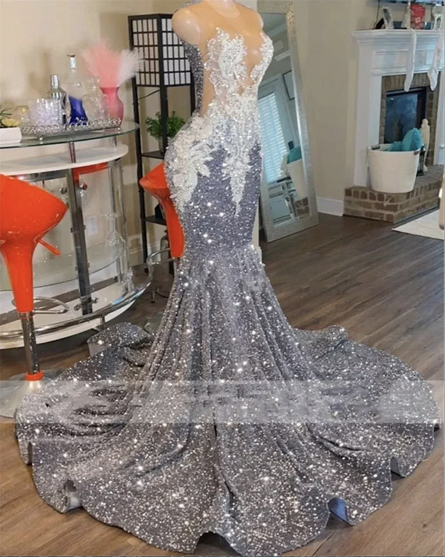 Shinning Grey Sequin Mermaid Prom Dresses Luxury O Neck Lace Appliques Plus Size Birthday Party Gowns For Arabic Women Custom Made