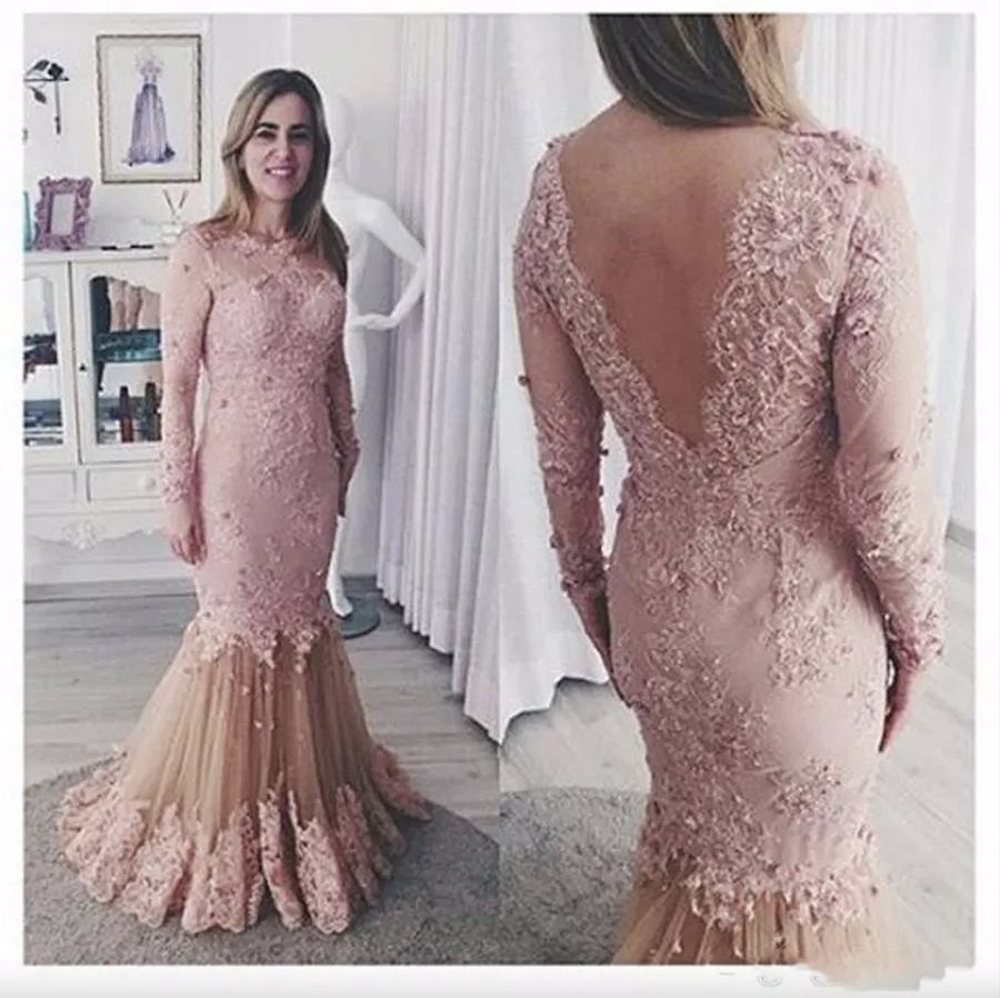 Elegant Mermaid Pink Lace Evening Dresses Full Length Sexy Backless Illusion Long Sleeve Beaded Women Prom Party Wear Formal Gowns