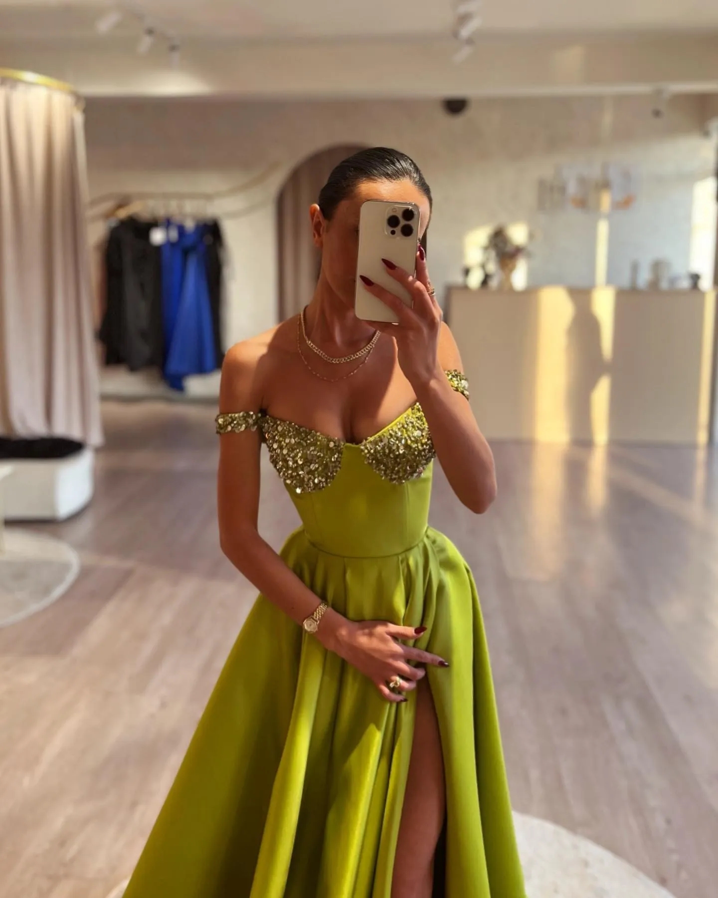 Elegant Green Prom Dresses A Line Sequins Straps Evening Dress Pleats Split Formal Long Special Occasion Party dress YD