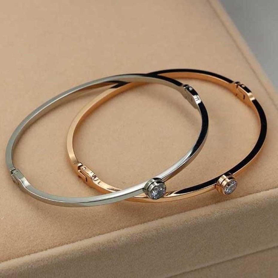 Bangle Koreaanse stijl eenvoudige enkele diamanten armband Titanium staal gegalvaniseerd 18K Rose Gold paar Bracelet268H