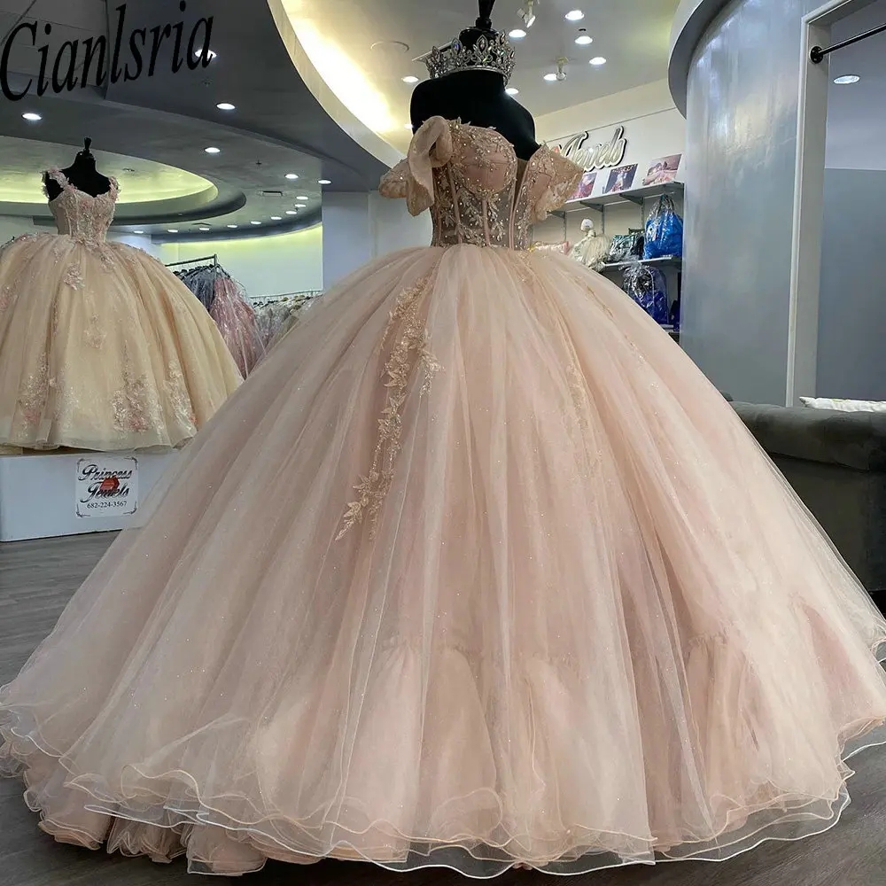 Blush Pink Crystal Beading Illusion Ball Gown Quinceanera Dresses Off the Shoulder Appliques Corset Sweet 15 Vestidos De 15 Anos