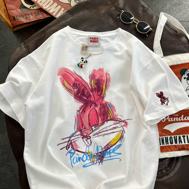 2024 Spring New Korean Cartoon Rabbit Målning Fritid Halva ärm Rund Neck Pullover Pure Cotton Kort ärm T-shirt för kvinnor