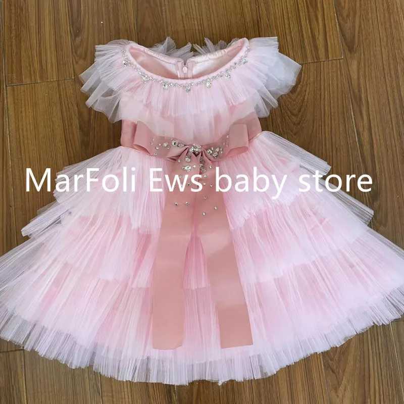 Robes de fille Nouvelle robe de soirée pour enfants Bow Mesh perlé motif pour enfants sur la piste de mariage anniversaire baptême Eid Party Girl robes A3595 240315