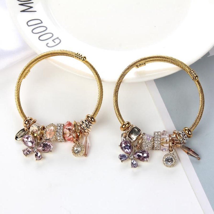 Cute Butterfly Rhinestone Pendant Bracelets Bangles Stainless Steel Geometry Crystal Beads Children Women Charm Bangle Jewelry235S