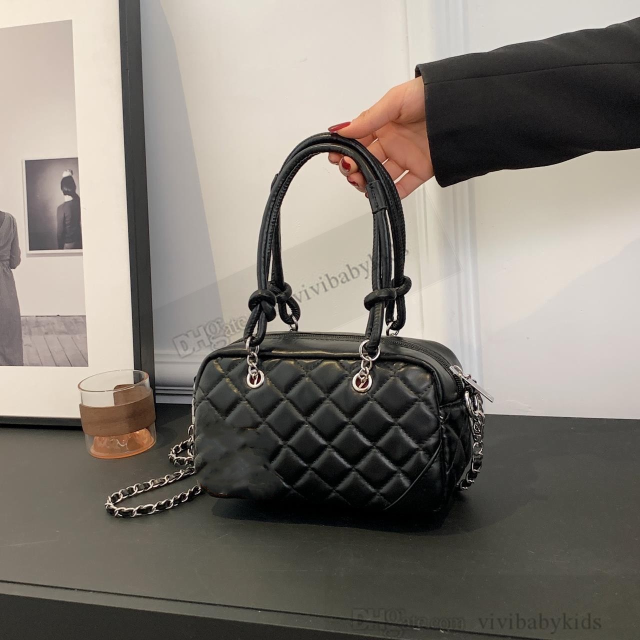 Lady Style Children Diamond Checkered Handbag Fashion Girls Metal Chain Crossbody Bags Lady Style Kids One Shoulder Princess Bag S1204