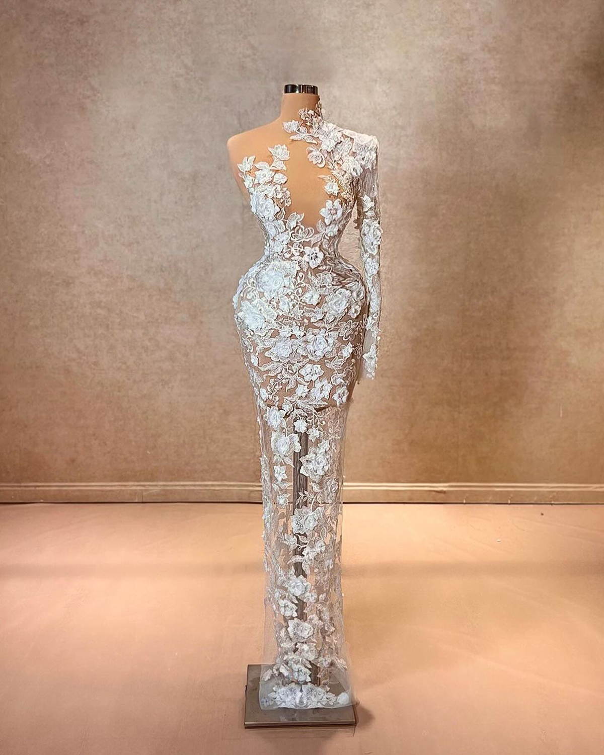 Klasik Denizkızı Gelin Gowns 3D-Floral Aplikler Gelinlik Bir omuz dantel illüzyon özel yapımı gelin elbiseler