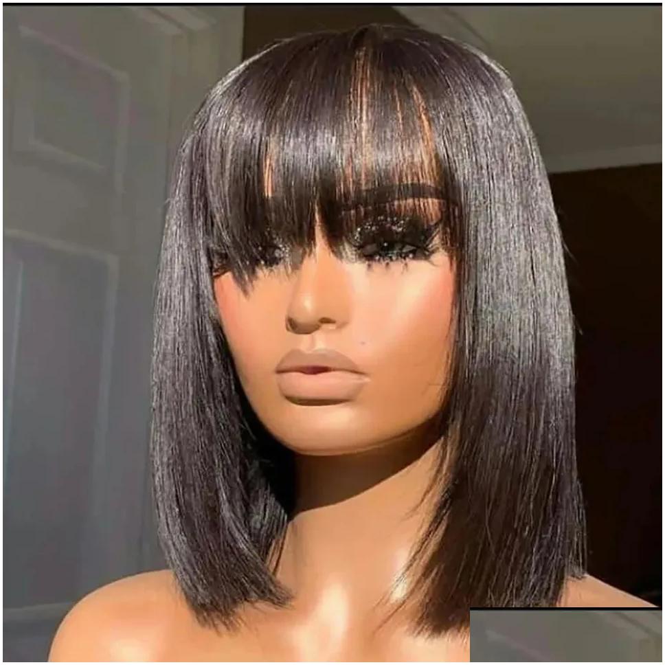 Synthetic Wigs Lace Wigs Straight Bob Human Hair With Bang Fl Hine Made Brazilian Remy For Black Woman 10 12 Inch 230110 Drop Delivery Dhbxw