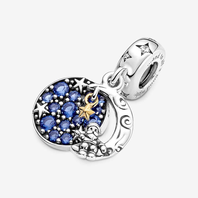 Weihnachtsmann auf dem Mond Doppel-Charm-Anhänger aus Pandora-925-Sterlingsilber, Designer-Armband-Charms, Halsketten-Anhänger, Geschenk für Freundin, mit Originalverpackung