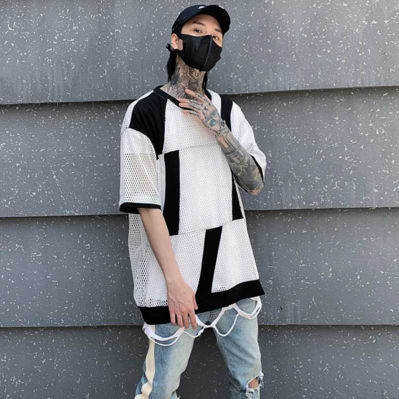 Men's T-Shirts HKSH Summer New Hollow Black and White Matching Short sleeved T-shirt for Mens Trendy Fashion O-neck Mesh T-shirt HK0153 J240316