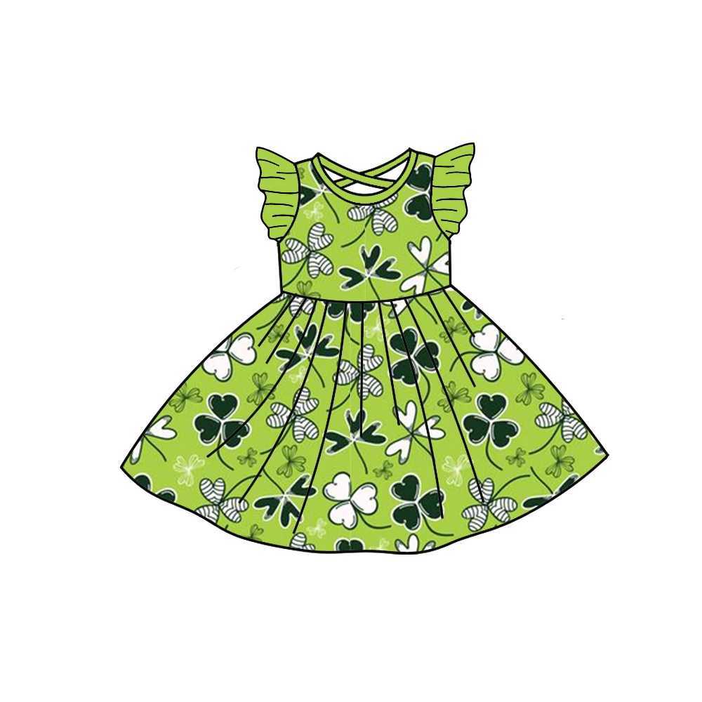 女の子のドレスホットセールドレスは女の子のための小さな飛ぶ袖付きセントパーカーのための膝のスカートクローバーリーフパターンミルクシルクファブリック240315