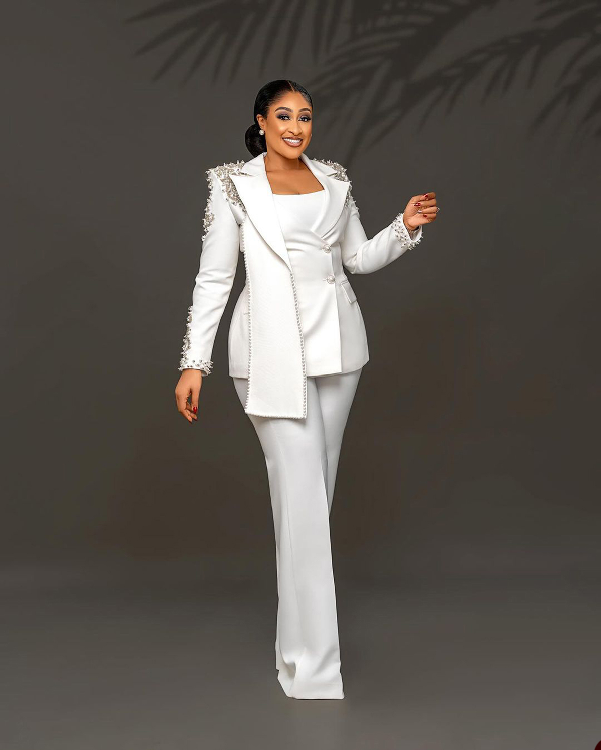 Unique Design Beads Women Pants Suits White Wedding Blazer Jacket Guest Wear Slim Fit 