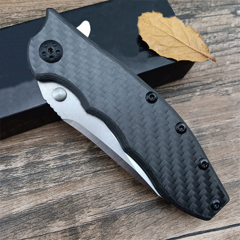 Koolstofvezel 0562CF Assisted Flipper-zakmes Stonewashed Plain Blade met titanium handgreep Outdoor tactisch zakmes 0022 0808 0308 0393