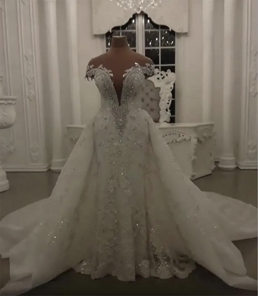 Abiti da sposa a sirena modesta con gonna staccabile Paillettes brillanti Perline di cristalli Appliques Abiti da sposa lunghi senza schienale con collo trasparente