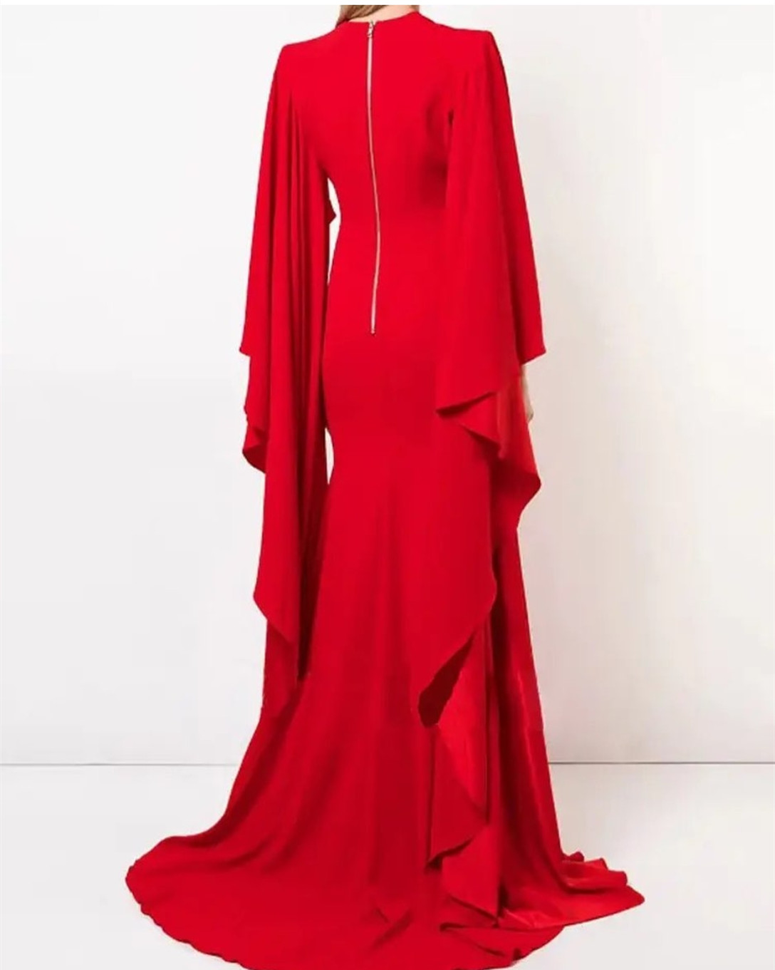 Zarif Kırmızı Denizkızı Gelin Elbiselerinin Uzun Annesi O yakalı Vaftiz Anne Elbiseleri Resmi Parti Elbise Ruffles La Madre del Vestido de Novia Kadın Elbise