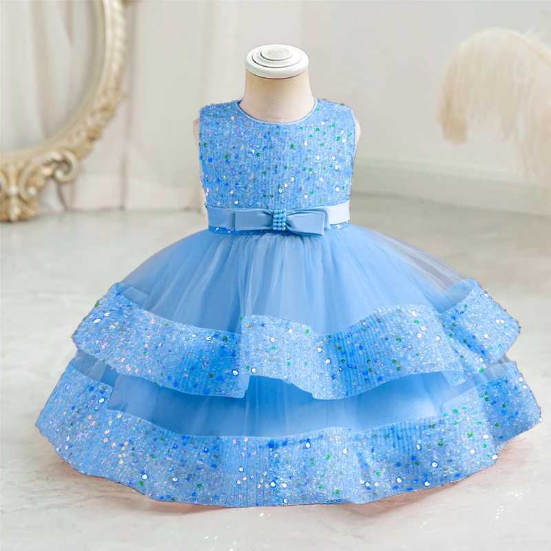 Flickans klänningar Little Girls Party Dress från 12 till 24m paljetter Tulle Elegant Princess Dress Kids Evening Wedding Dress for Girls 240315