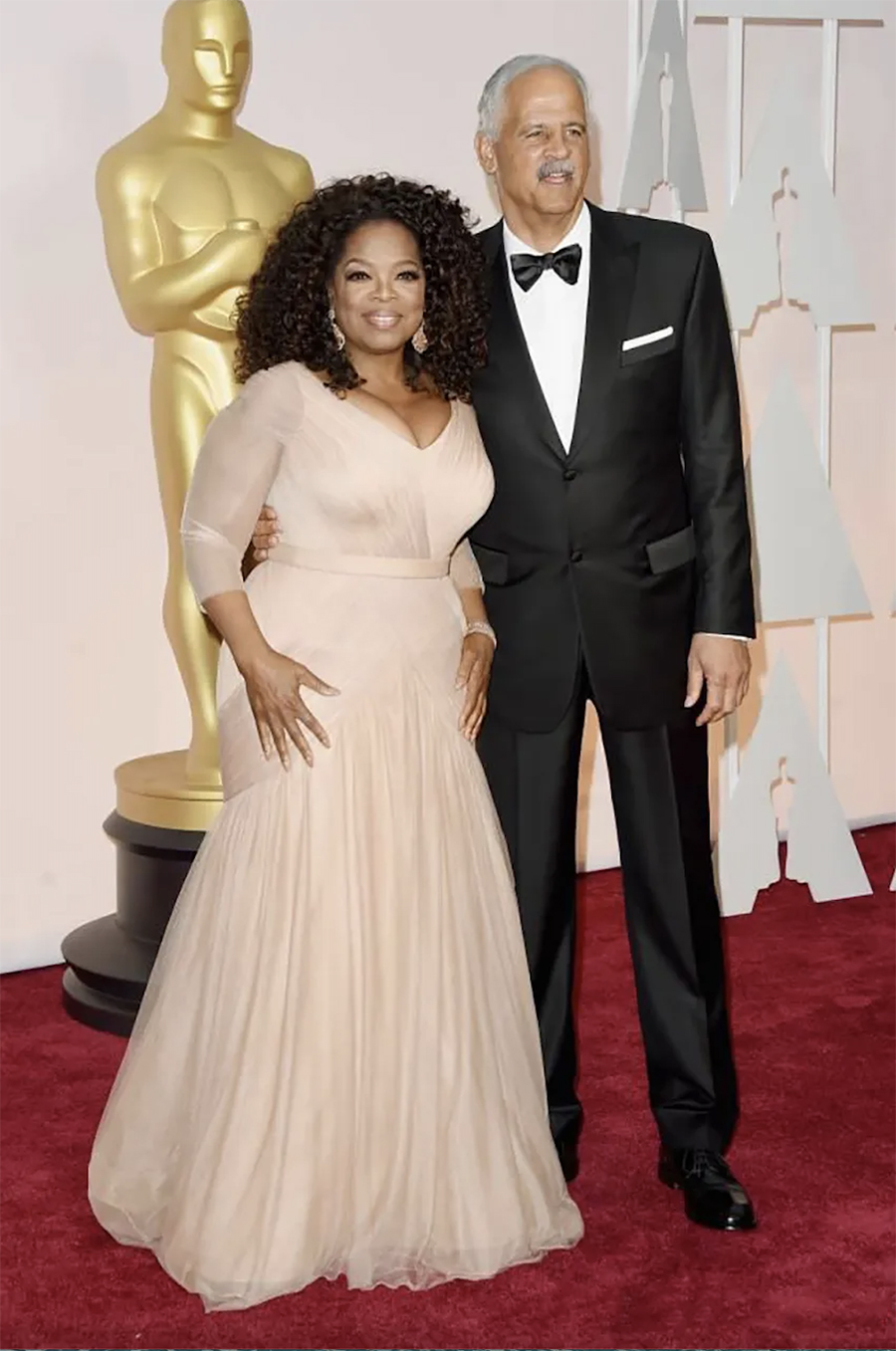 2024 rosa cipria Oprah Winfrey Abiti da celebrità Oscar plus size scollo a V tubino in tulle con maniche lunghe Sweep Train Abiti da sera drappeggiati